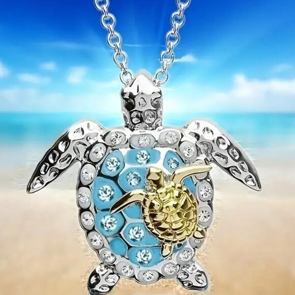 Silver Gold Blue Sea Turtle Necklace Mom Baby Rhinestones Birthday Christmas NEW - Picture 1 of 4